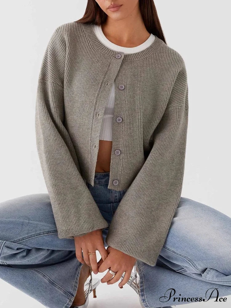 Circular Neck Button-Up Extended Sleeve Cardigan green / S cardigans-241228