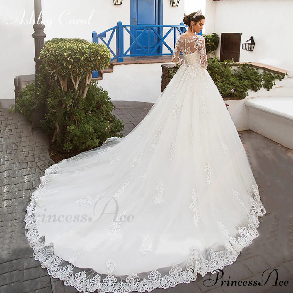 Circular Neck Extended Sleeve Lace Wedding Gown lvory white / 2 weddingdress-250223