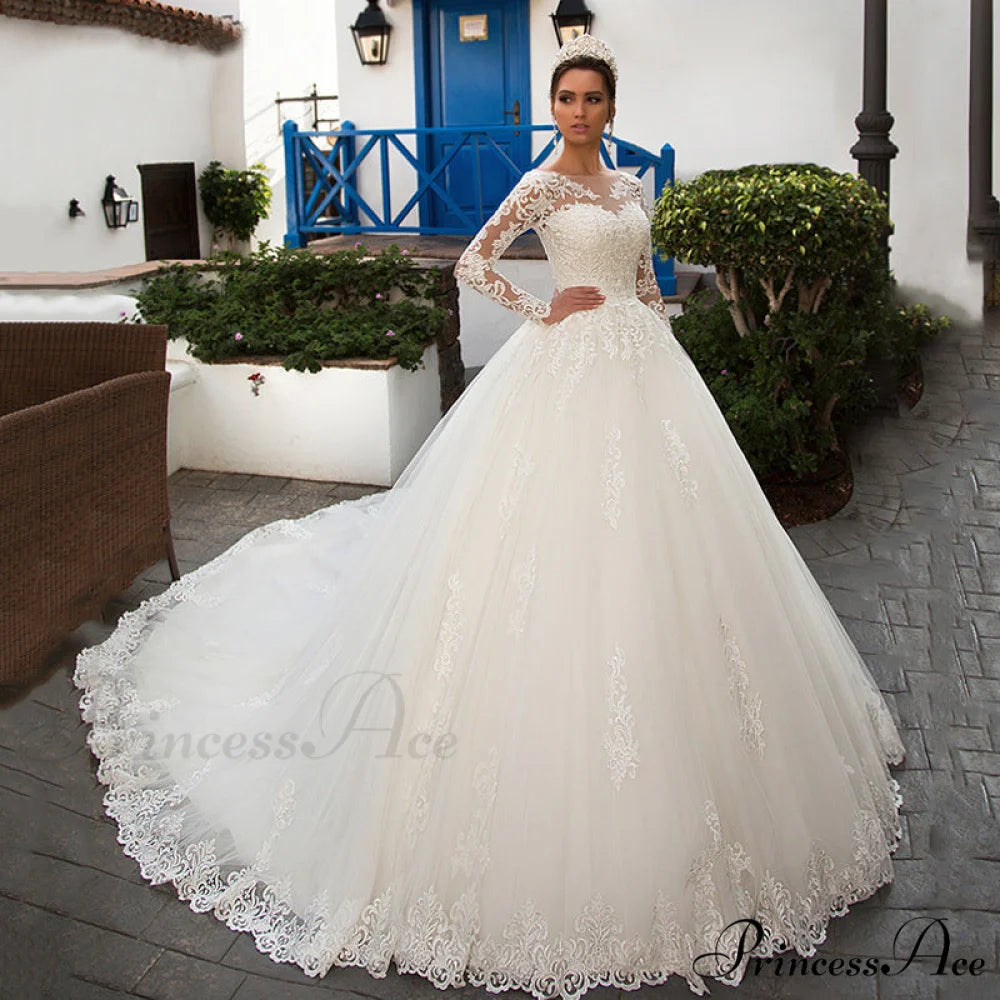 Circular Neck Extended Sleeve Lace Wedding Gown White / 2 weddingdress-250223