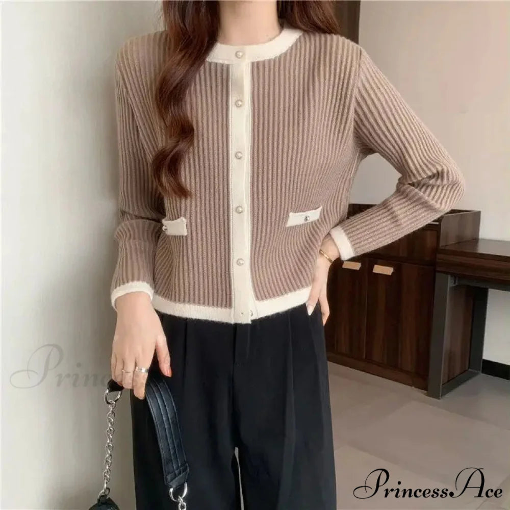 Circular Neck Fastener Stylish Cardigan Khaki / S cardigans-241228