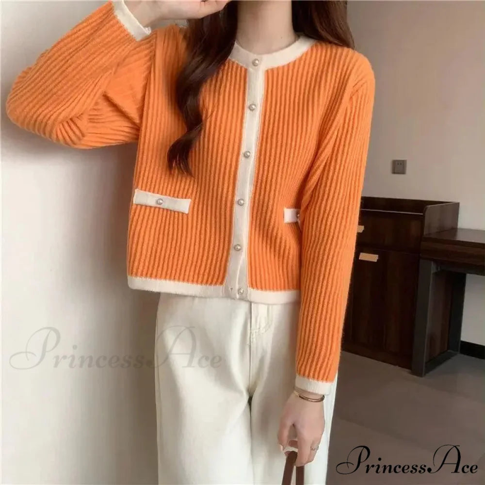 Circular Neck Fastener Stylish Cardigan Orange / S cardigans-241228