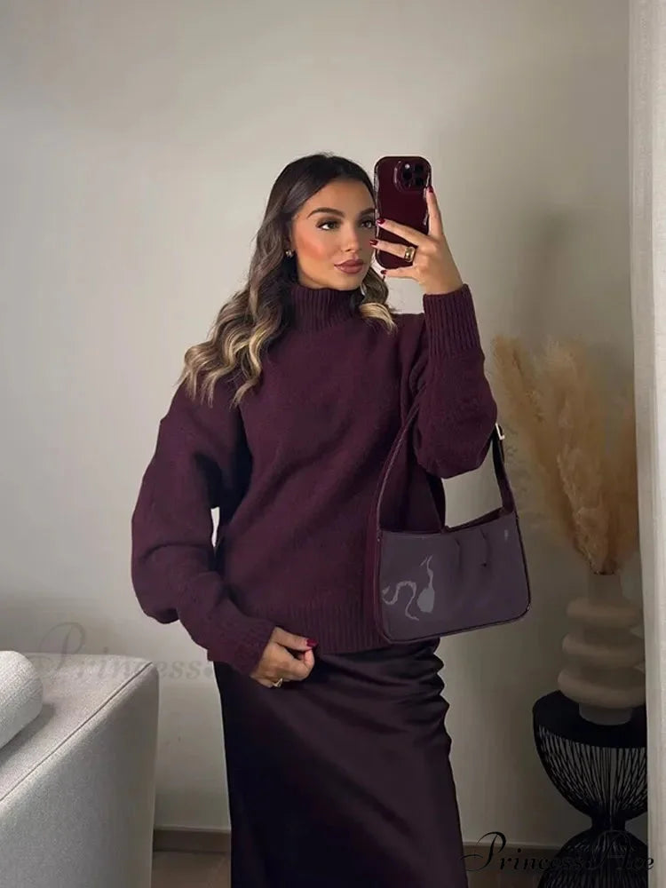 Circular Neck Flexible Pullover Jumper burgundy red / S swraters-241228