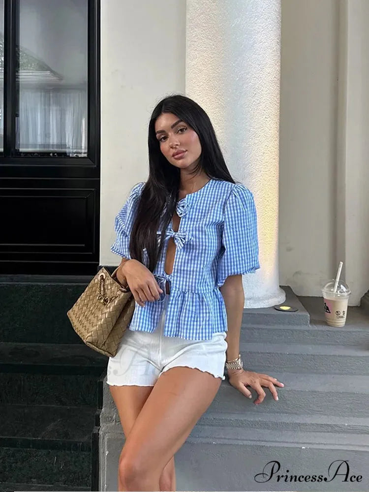Circular Neck Ribbon Short Sleeve Checkered Blouse blouse-250223