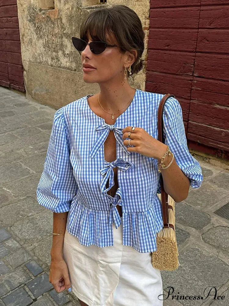 Circular Neck Ribbon Short Sleeve Checkered Blouse blouse-250223