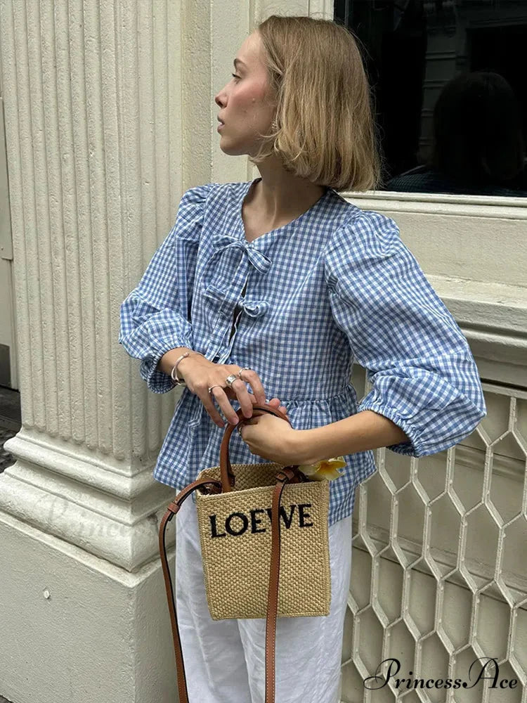 Circular Neck Ribbon Short Sleeve Checkered Blouse blouse-250223