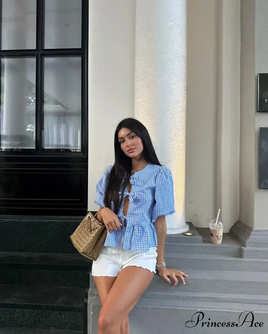 Circular Neck Ribbon Short Sleeve Checkered Blouse Blue / S blouse-250223