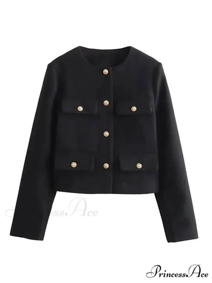 Circular Neck Woolen Brief Jacket Black / XS coats-241228