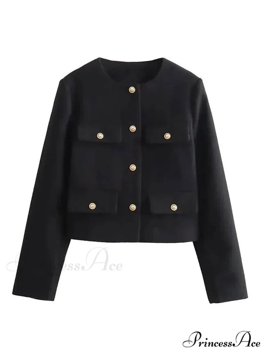 Circular Neck Woolen Brief Jacket Black / XS coats-241228
