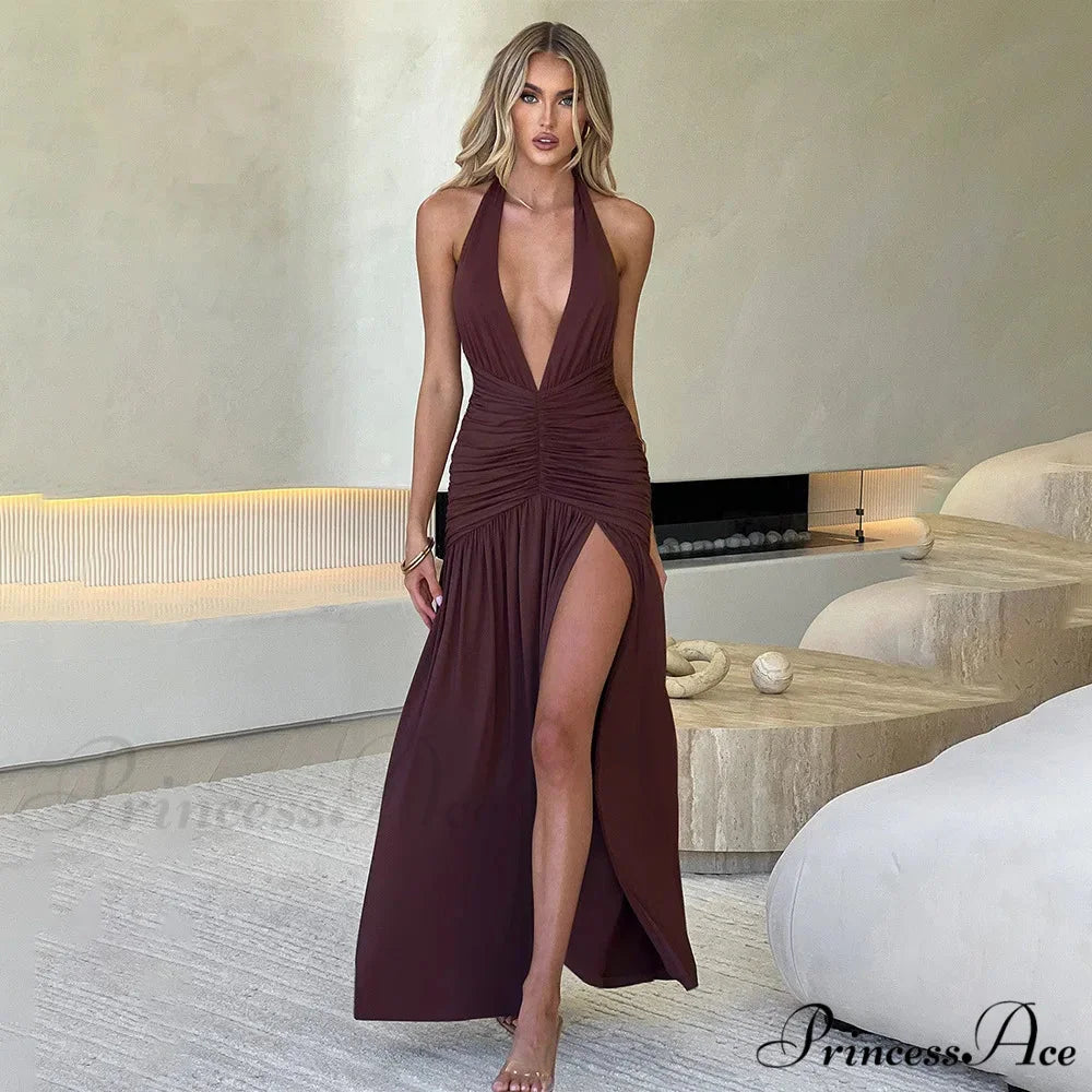 CLARA Elegant MAXI DRESS Coffee / L