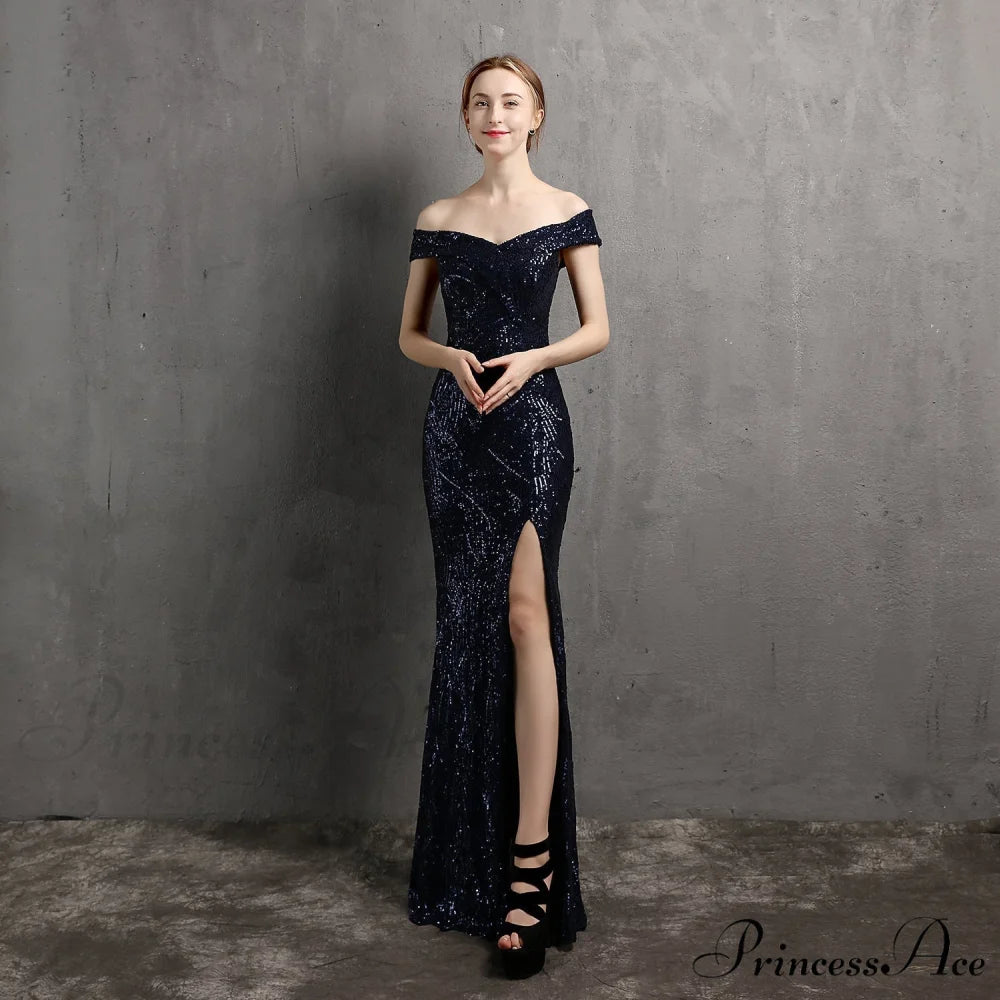 Clara Glitter Off the Graceful Shoulder Split Dress For Prom NAVY / XS