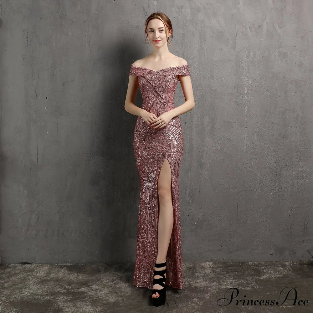 Clara Glitter Off the Graceful Shoulder Split Dress For Prom PINK / XS