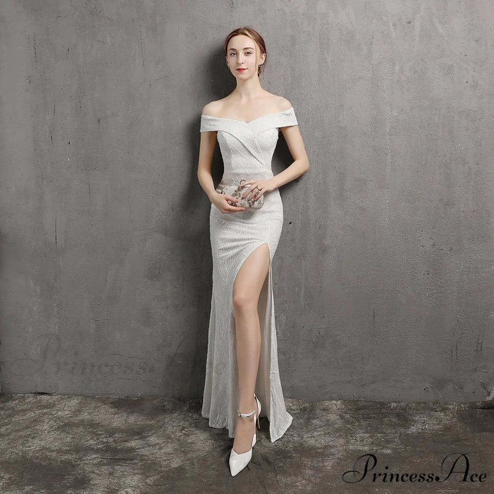 Clara Glitter Off the Graceful Shoulder Split Dress For Prom WHITE / S