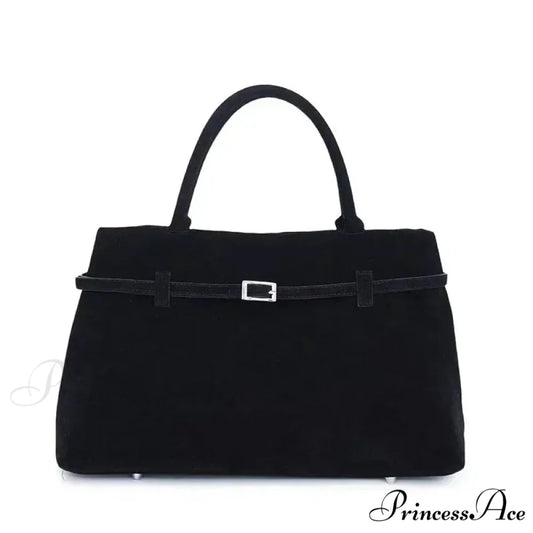 Clasp Ornamental Faux Suede Buckle Oversized Tote Purse Black handbag-250126