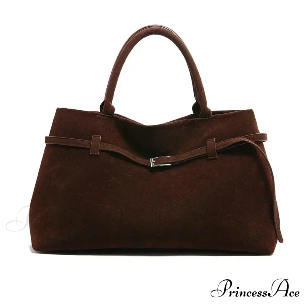 Clasp Ornamental Faux Suede Buckle Oversized Tote Purse Coffee handbag-250126