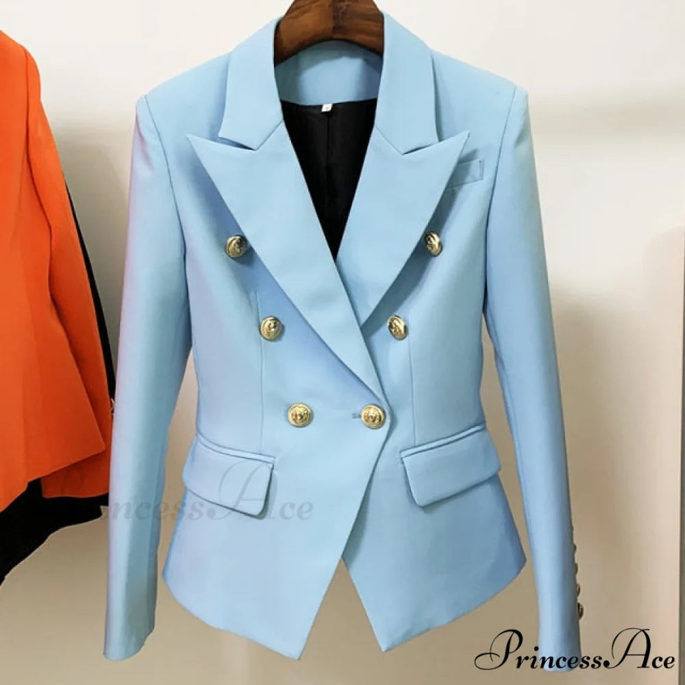 Classic Double Breasted Metal Lion Buttons Blazer Baby Blue / S