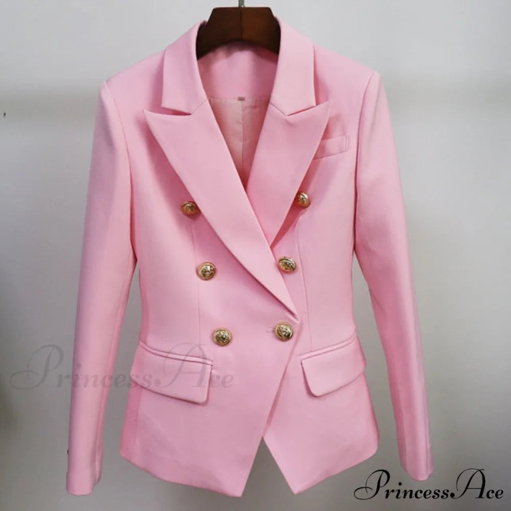 Classic Double Breasted Metal Lion Buttons Blazer Baby Pink / S
