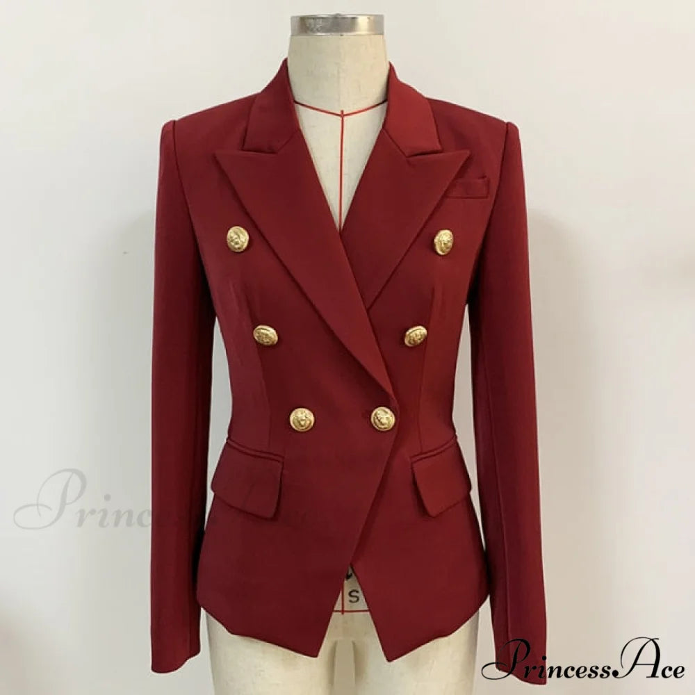 Classic Double Breasted Metal Lion Buttons Blazer Burgundy / S
