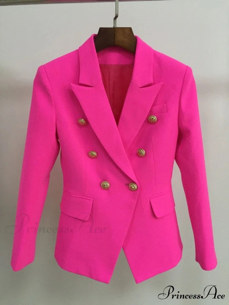 Classic Double Breasted Metal Lion Buttons Blazer Hot Pink / S