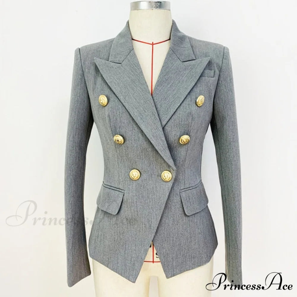 Classic Double Breasted Metal Lion Buttons Blazer Light Grey / S