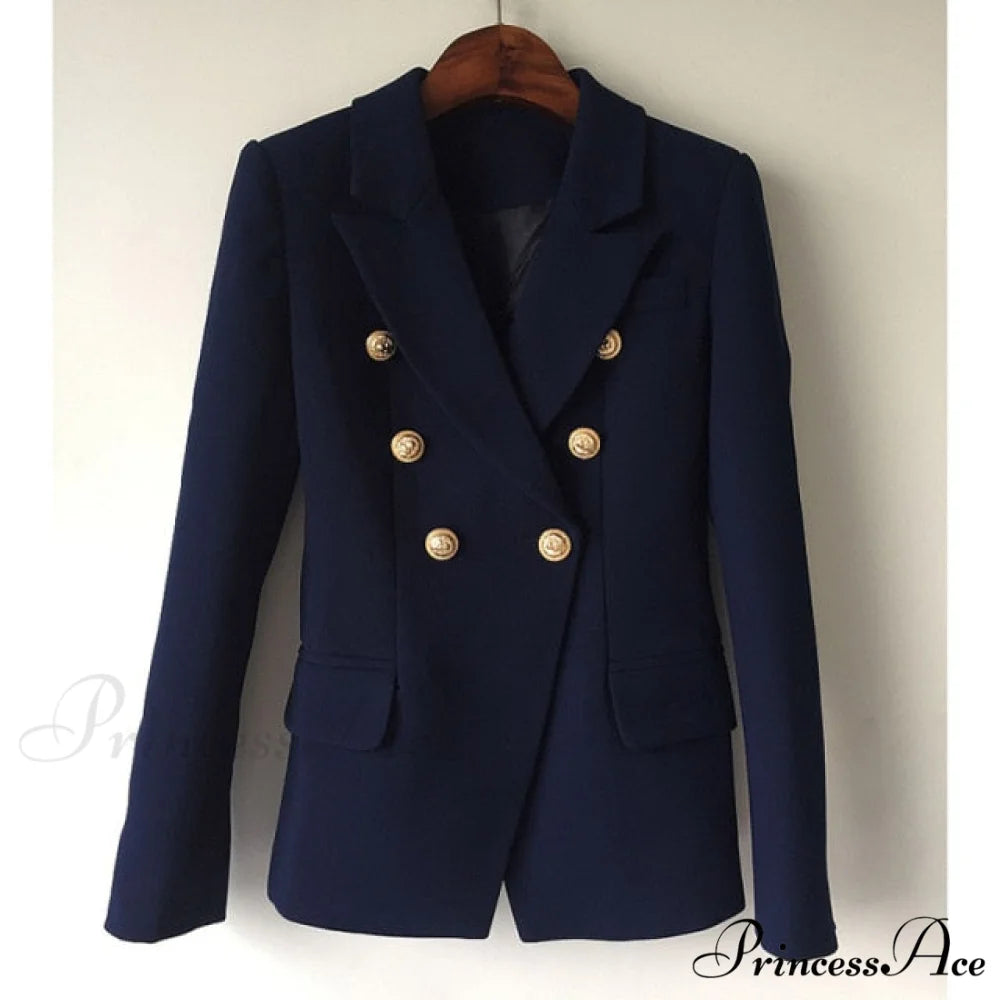 Classic Double Breasted Metal Lion Buttons Blazer Navy Blue / S