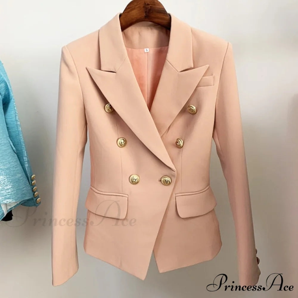 Classic Double Breasted Metal Lion Buttons Blazer Nude / M