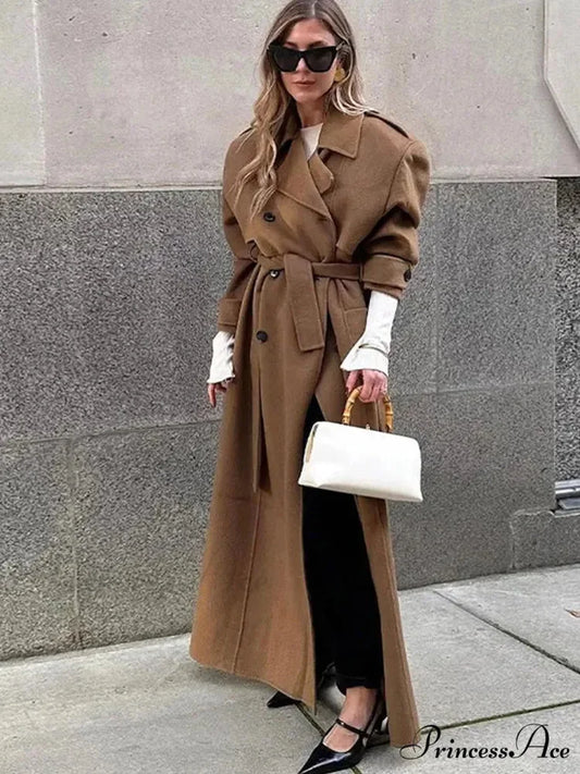 Classic Folded Collar Cinched Maxi Overcoat Brown / S overcoats-241228