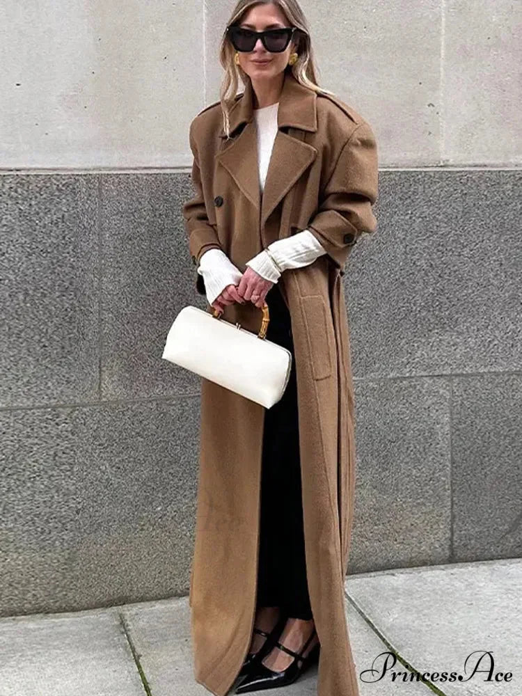 Classic Folded Collar Cinched Maxi Overcoat overcoats-241228