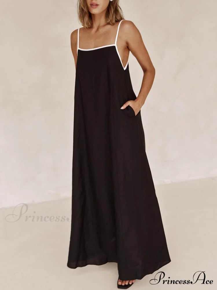 Classic Holiday Style Charming Contrasting Suspender Dress Black / S