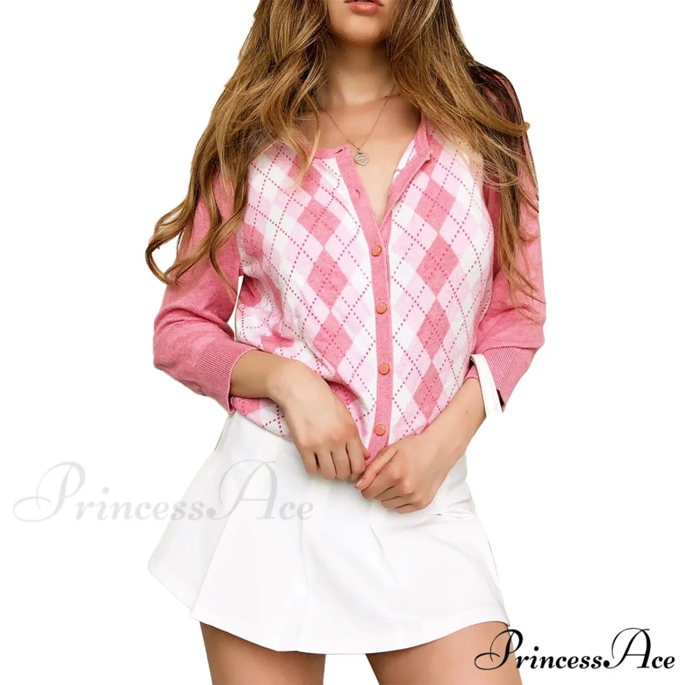 Classic Plaid Red Green Knitwear Cardigan Pink / S