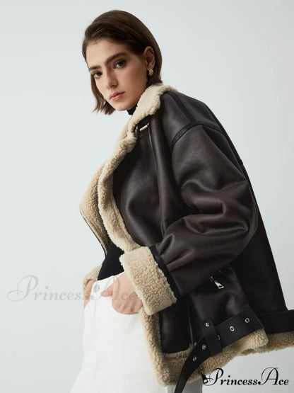 Classic Sherpa Lined Trendy Shearling Leather Flight Jacket Brown / XS