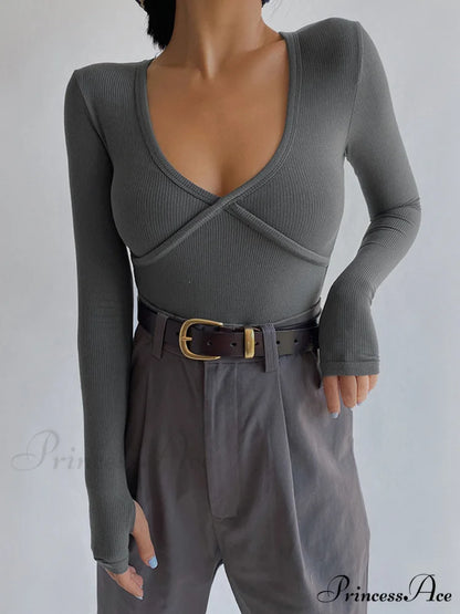 Classic V-Neck Graceful Long Sleeve Shirt Grey / XS
