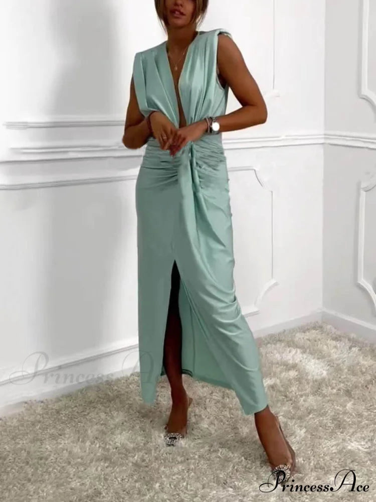 Classic V-Neck Ruched Charming Drape Slit Midi Dress Light Blue / S