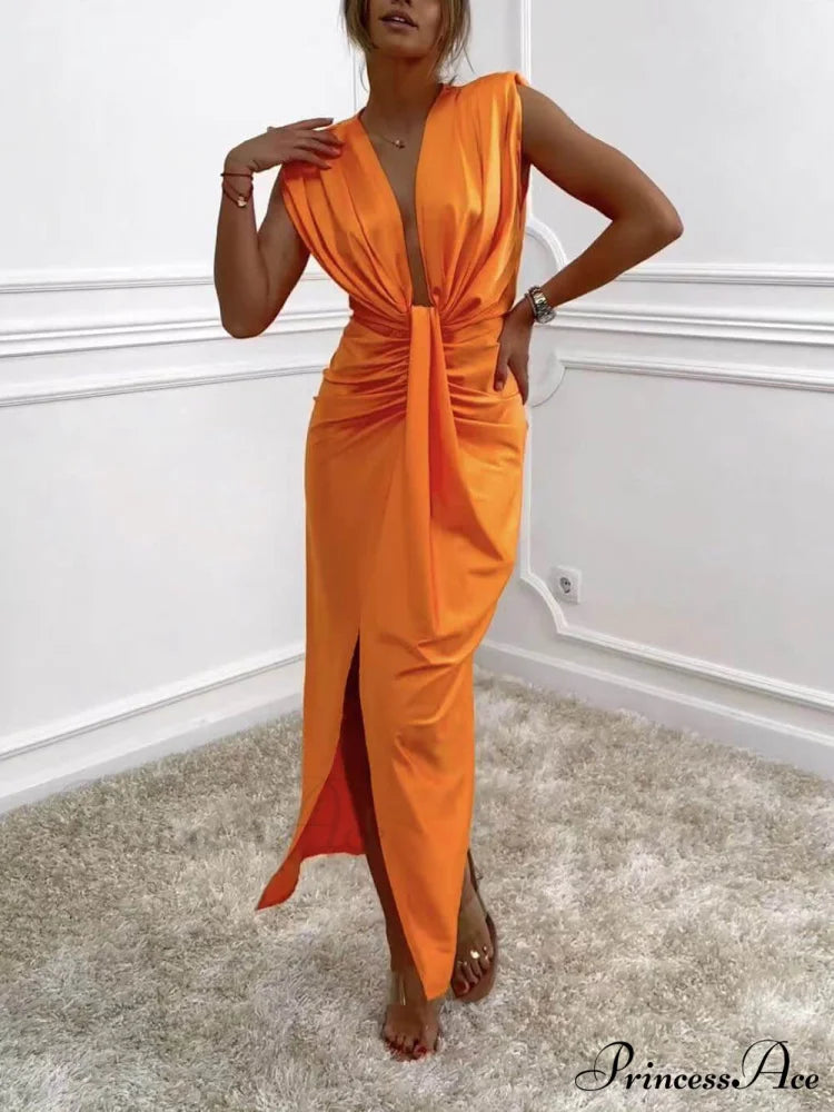 Classic V-Neck Ruched Charming Drape Slit Midi Dress Orange / S