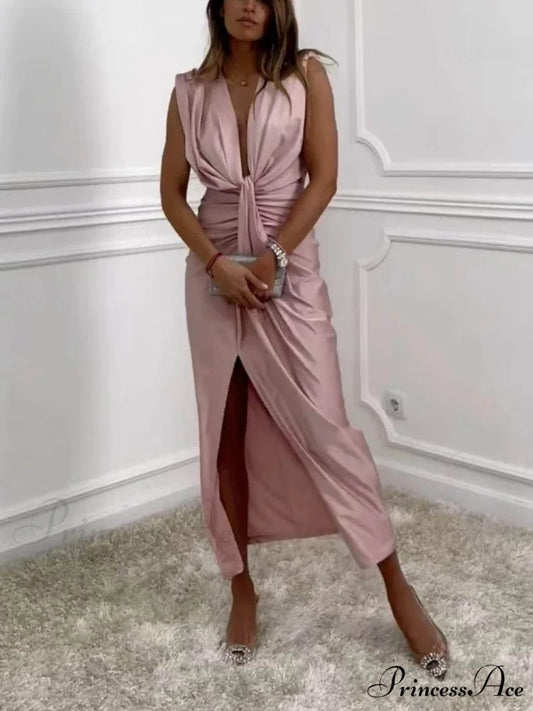 Classic V-Neck Ruched Charming Drape Slit Midi Dress Pink / S