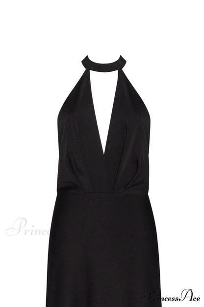 Classical Black Halterneck Satin Graceful Maxi Dress Xo Xo