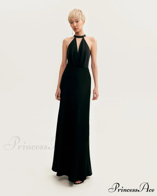 Classical Black Halterneck Satin Graceful Maxi Dress Xo Xo