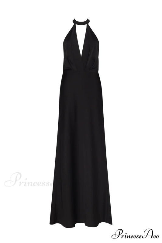 Classical Black Halterneck Satin Graceful Maxi Dress Xo Xo XXS / Black