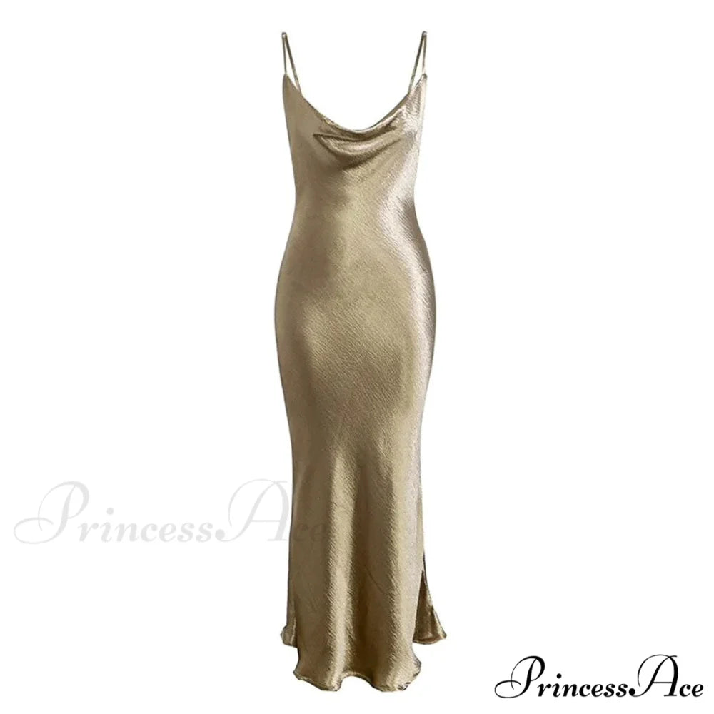 Classy Cowl Neck Tie String Classic Silky Slip Maxi Dress - Blue L / Champane