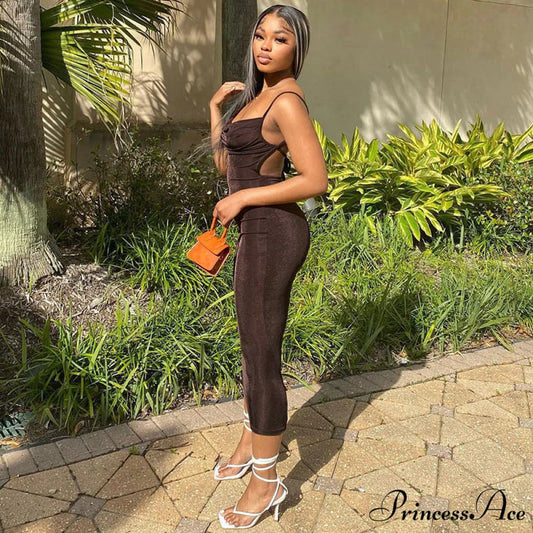 Classy Cowl Neck Tie String Classic Silky Slip Maxi Dress - Champagne M / Brown