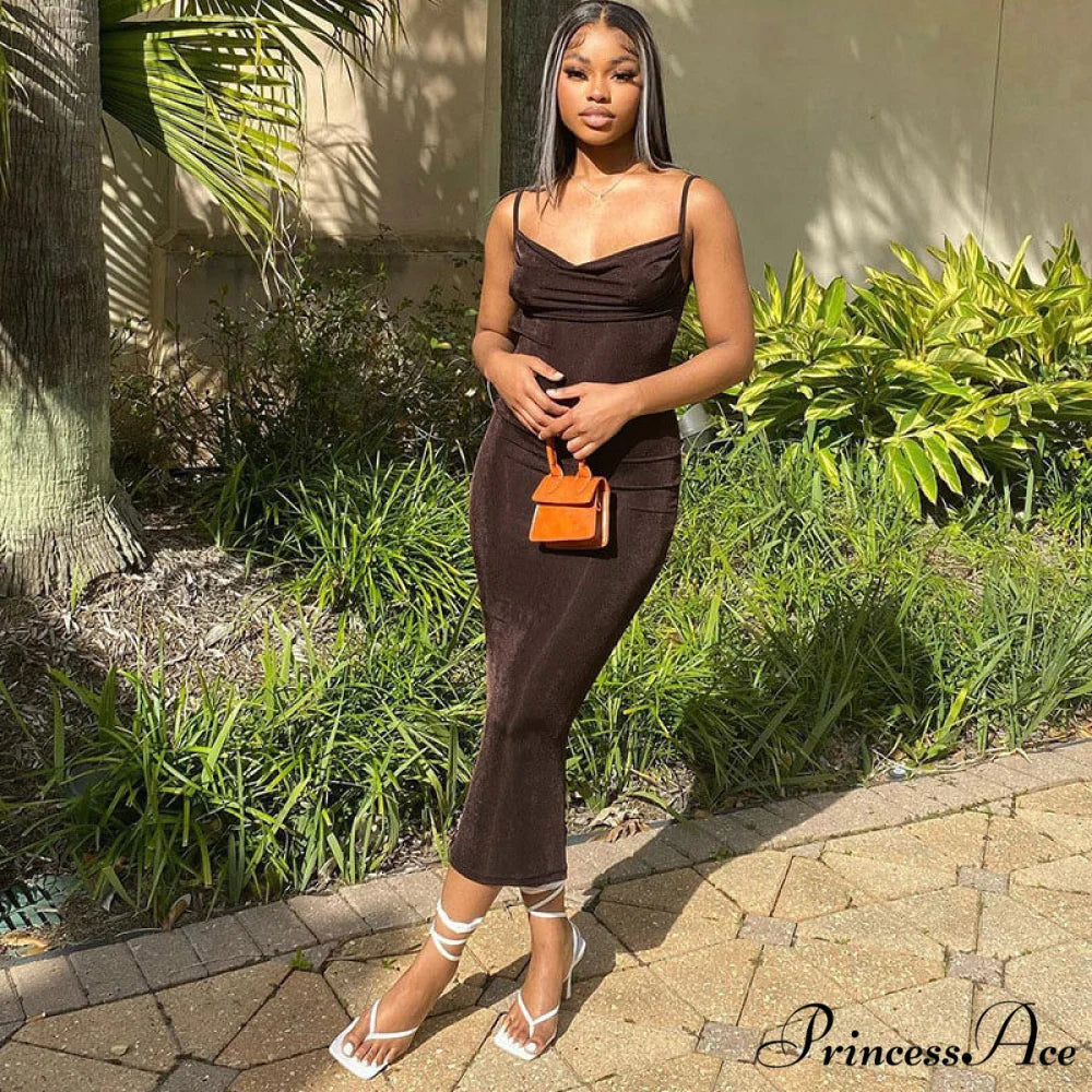 Classy Cowl Neck Tie String Classic Silky Slip Maxi Dress - Champagne S / Brown