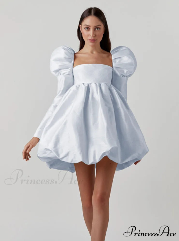 Classy Puff Sleeve Short Prom Dress - Ball Gown and Wedding M / blue