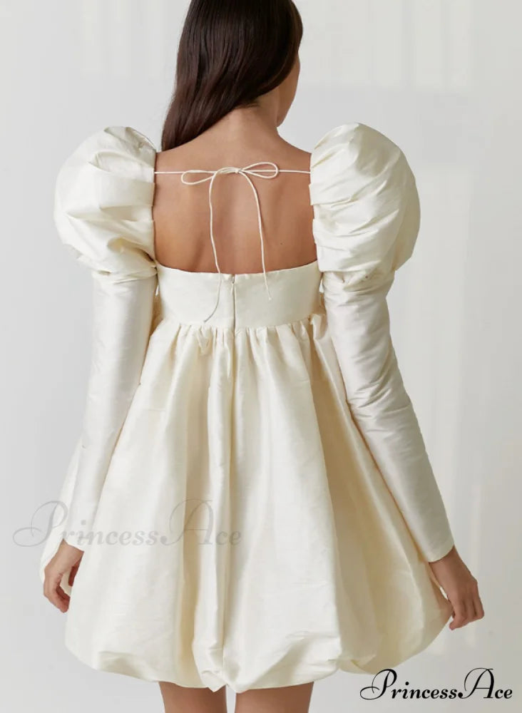 Classy Puff Sleeve Short Prom Dress - Ball Gown and Wedding M / khaki