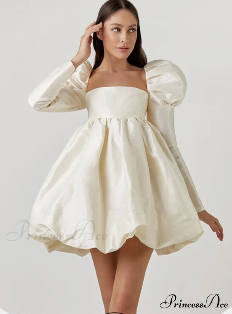 Classy Puff Sleeve Short Prom Dress - Ball Gown and Wedding S / khaki