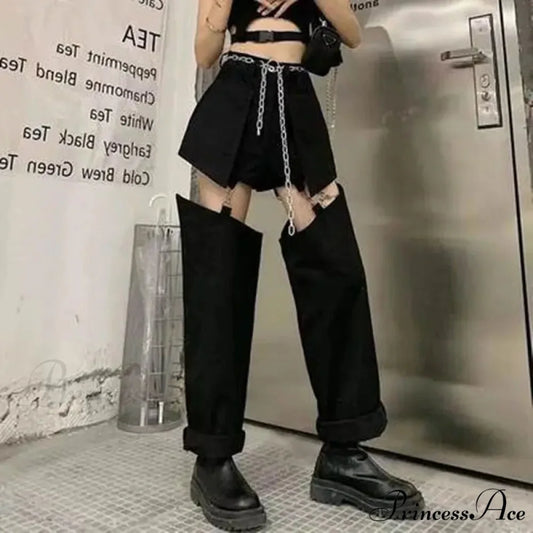 Clean Zipper False Torn Denim Trousers Black / S pants-241228