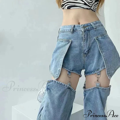 Clean Zipper False Torn Denim Trousers Blue / S pants-241228
