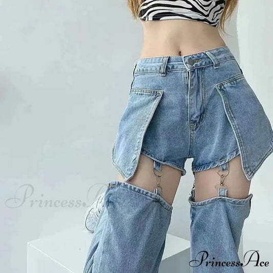 Clean Zipper False Torn Denim Trousers Blue / S pants-241228