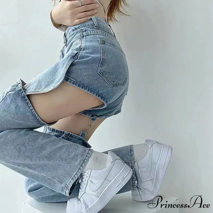 Clean Zipper False Torn Denim Trousers pants-241228