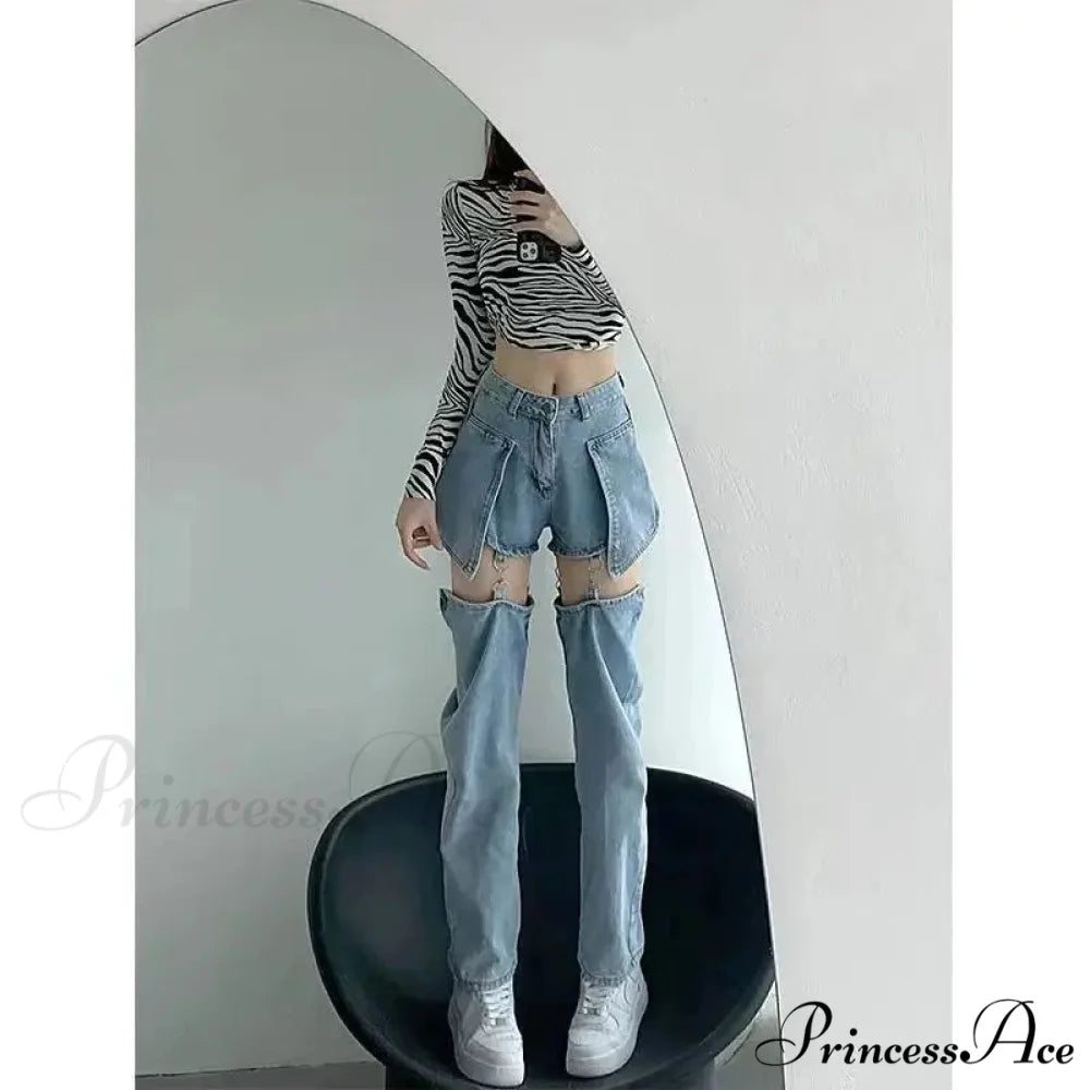 Clean Zipper False Torn Denim Trousers pants-241228