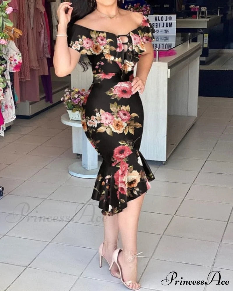 Clothing Elegant Asymmetrical Mermaid Dress Black print / L