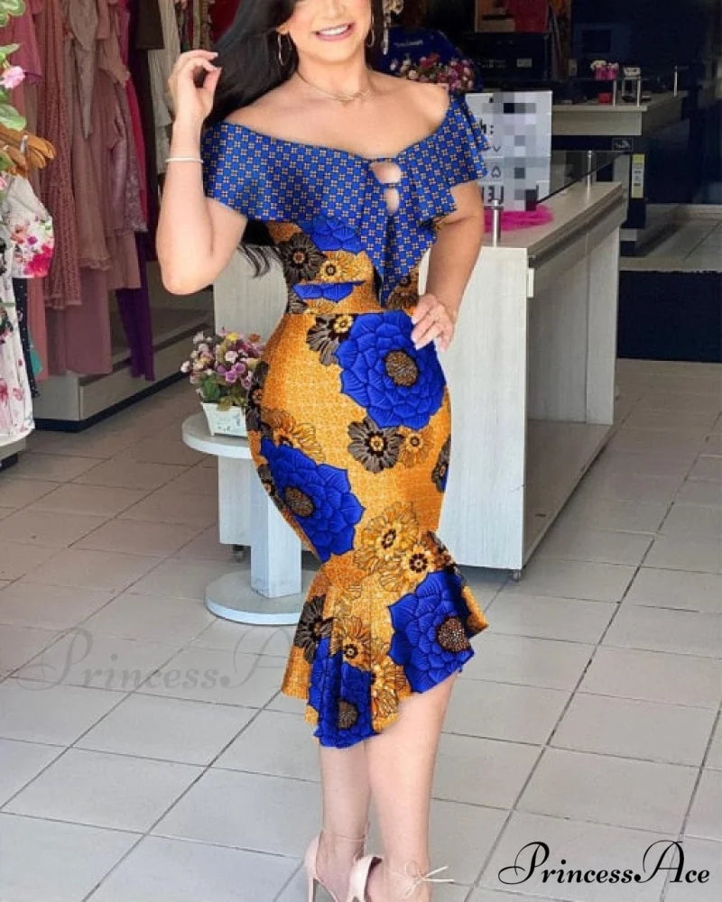 Clothing Elegant Asymmetrical Mermaid Dress Blue print / L